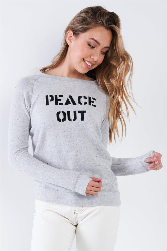 Heather Grey Comfy Long Sleeve "Peace Out" Graphic Pullover Top - Tasha Apparel Wholesale