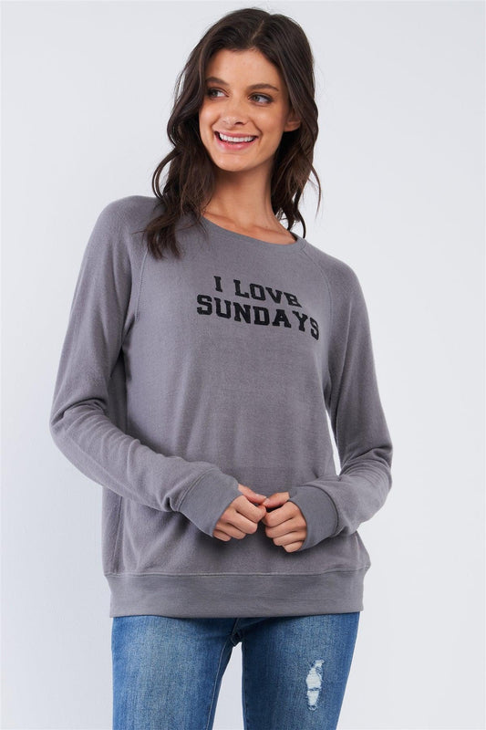 Charcoal Long Sleeve "I Love Sundays" Graphic Crew Neck Comfy Top /2-3 - Tasha Apparel Wholesale