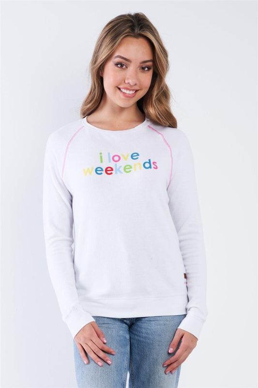 White Long Sleeve Comfy Crew Neck "I Love Weekends" Top - Tasha Apparel Wholesale