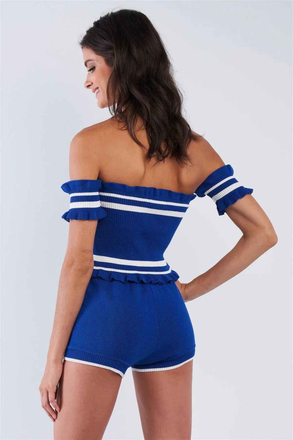 Royal Blue Off The Shoulder White Striped Crop High Waisted Short Set /2-2-2 - Tasha Apparel Wholesale