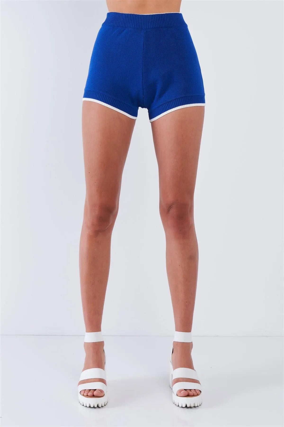 Royal Blue Off The Shoulder White Striped Crop High Waisted Short Set /2-2-2 - Tasha Apparel Wholesale