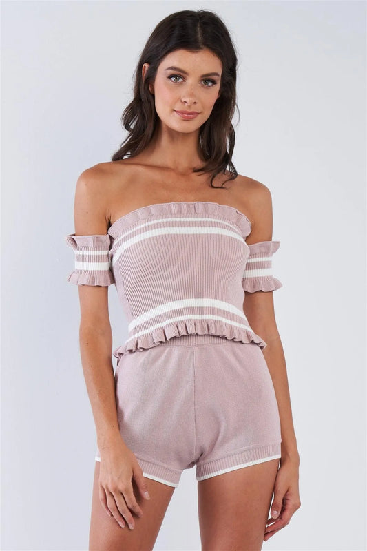 Mauve Off The Shoulder White Striped Crop High Waisted Short Set /2-2-2 - Tasha Apparel Wholesale