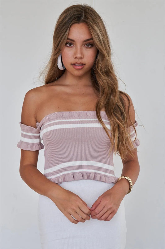 Mauve Off The Shoulder White Striped Crop Top - Tasha Apparel Wholesale