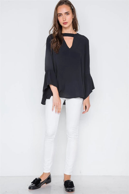 Black V-Cut Out Long Bell Sleeve Solid Top /2-1-2 - Tasha Apparel Wholesale