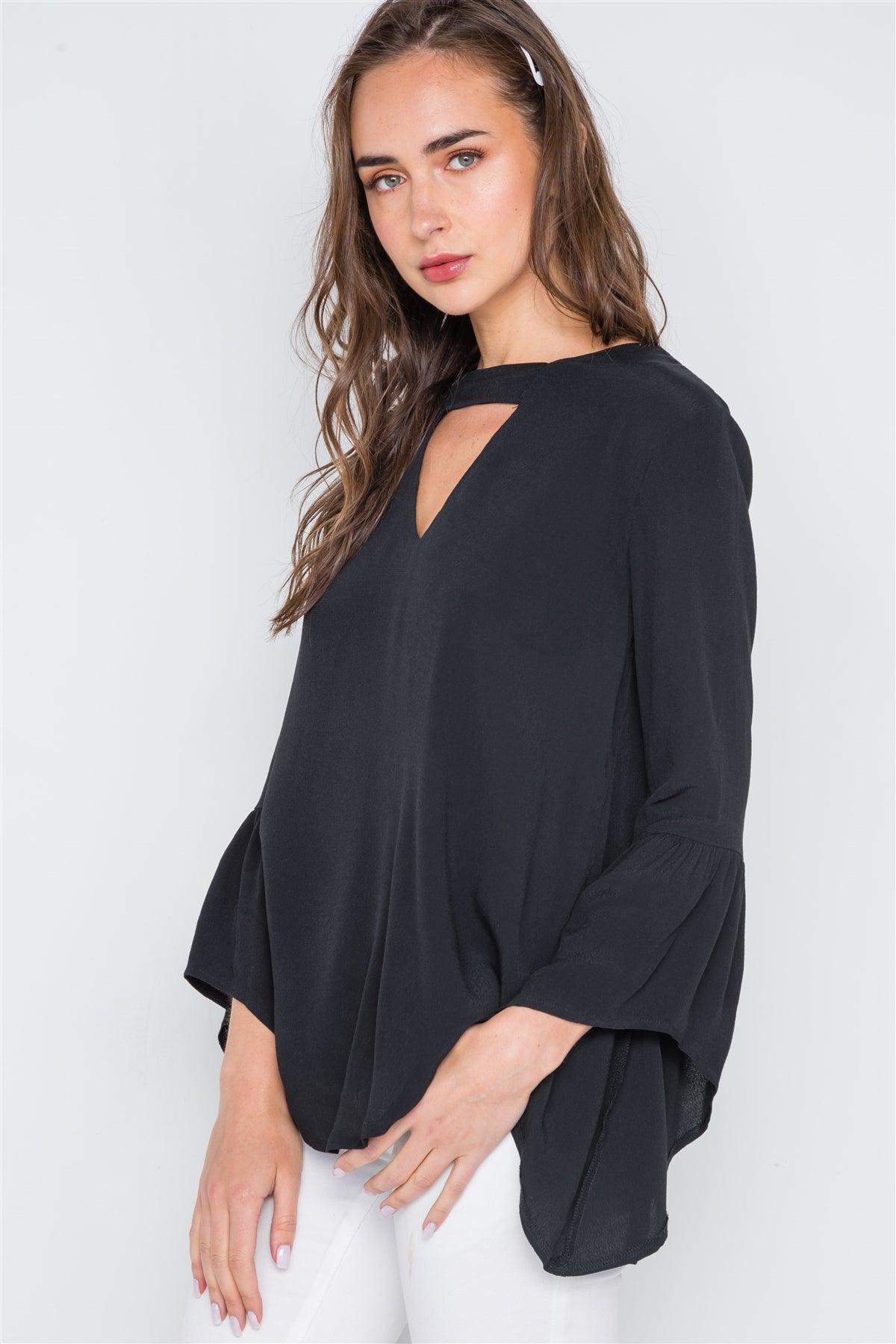 Black V-Cut Out Long Bell Sleeve Solid Top /2-1-2