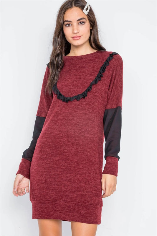 Burgundy Mash Detail Mini Sweater Dress - Tasha Apparel Wholesale