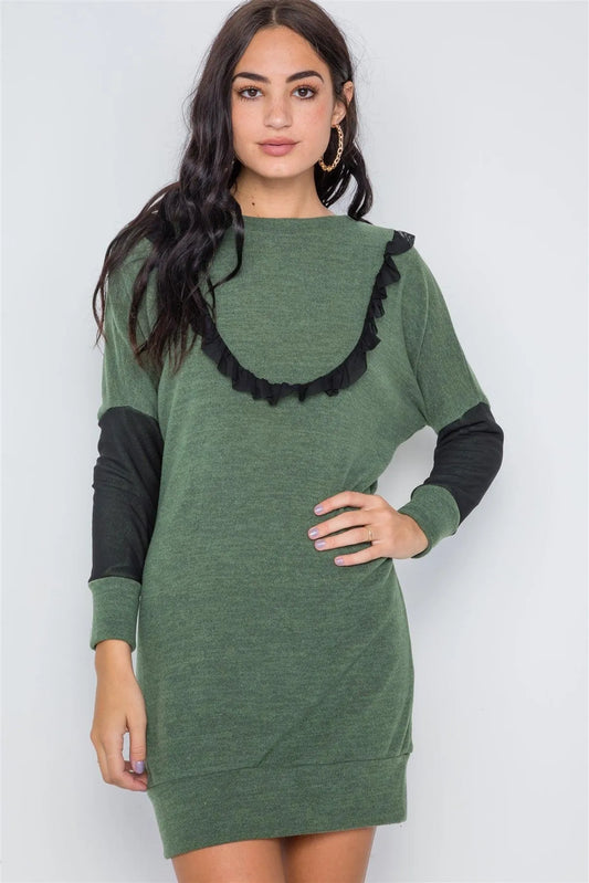 Heather Green Mash Detail Mini Sweater Dress /2-3-2 - Tasha Apparel Wholesale