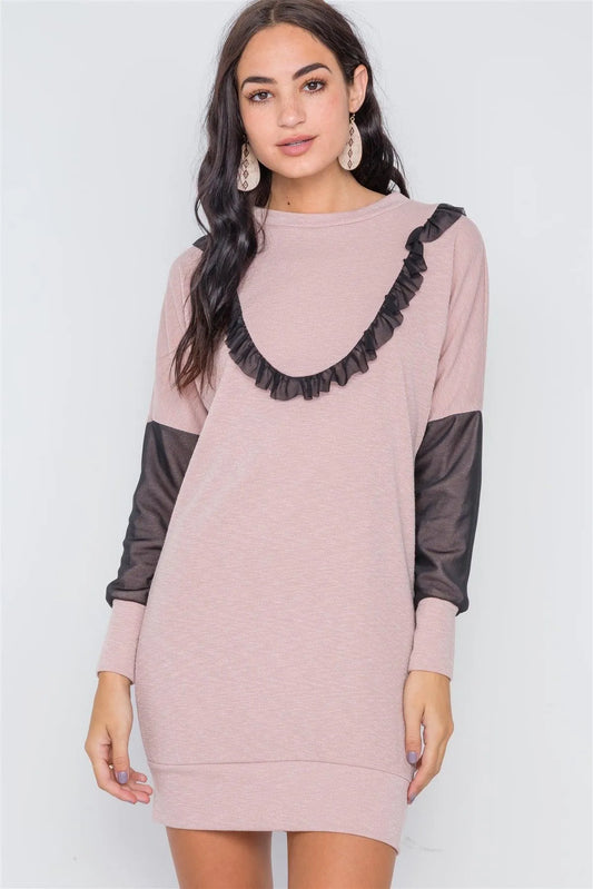 Mauve Mash Detail Mini Sweater Dress /2-2-2 - Tasha Apparel Wholesale