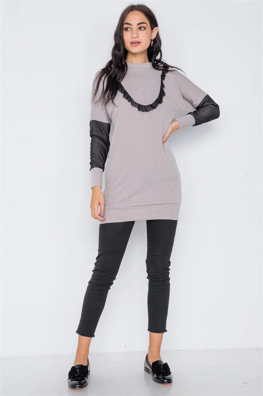 Sage Taupe Mash Detail Mini Sweater Dress /1-2-2 - Tasha Apparel Wholesale