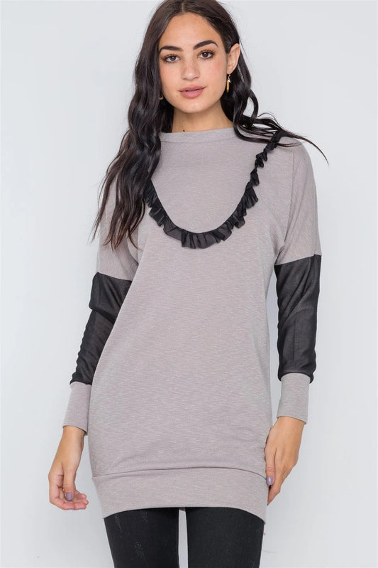 Sage Taupe Mash Detail Mini Sweater Dress /2-2-2 - Tasha Apparel Wholesale