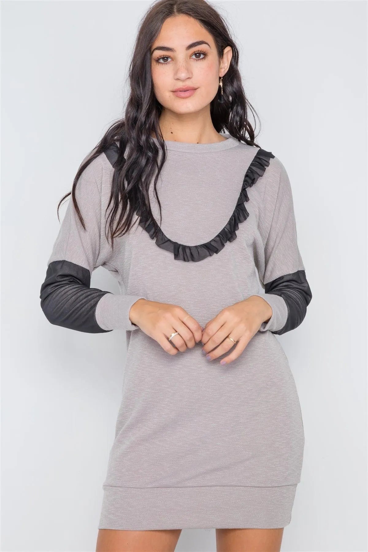 Sage Taupe Mash Detail Mini Sweater Dress /2-2-2 - Tasha Apparel Wholesale