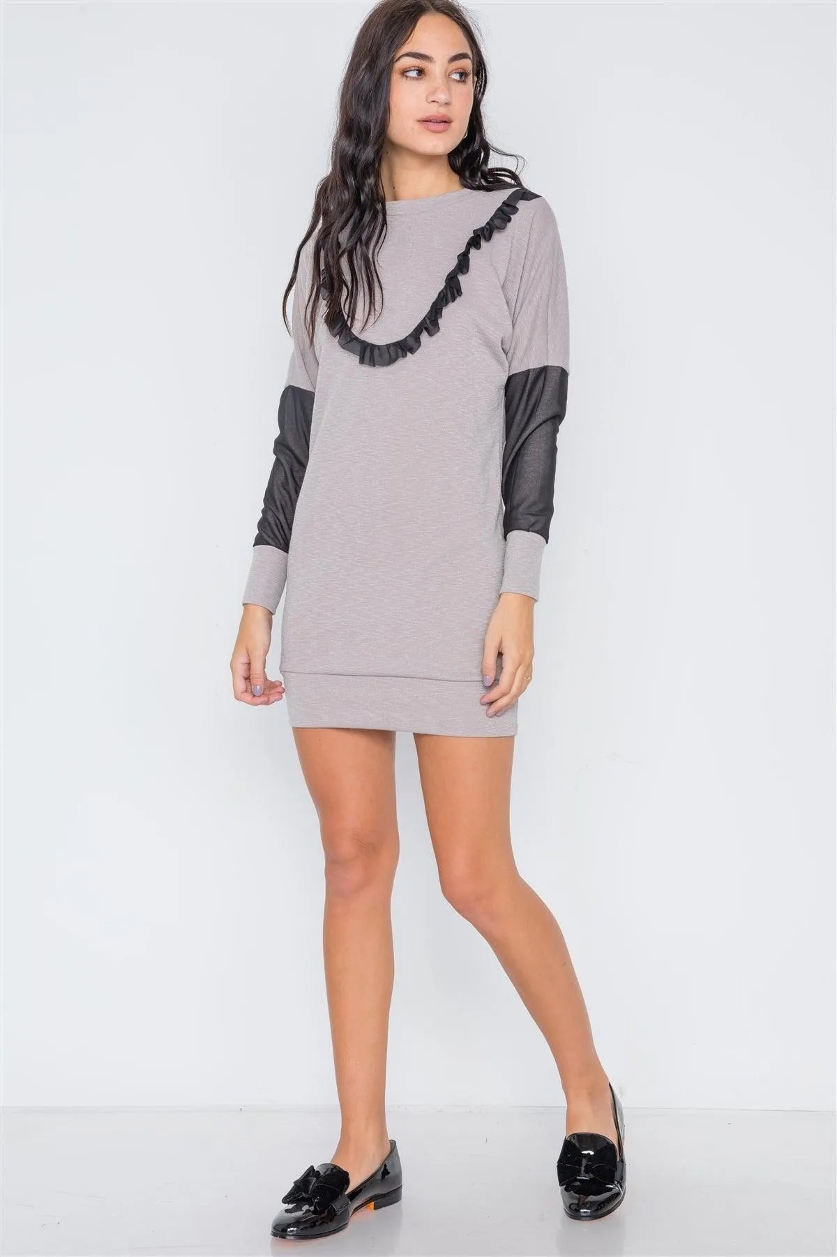 Sage Taupe Mash Detail Mini Sweater Dress /2-2-2 - Tasha Apparel Wholesale