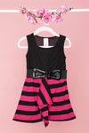 Girls Pink Black Stripped Sleeveless Front Ruffle Belted Dress /1-1-1-1-1-1