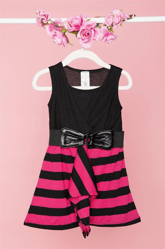 Toddler Girls Pink Black Stripped Sleeveless Front Ruffle Belted Dress /1-1-1-1-1-1 - Tasha Apparel Wholesale