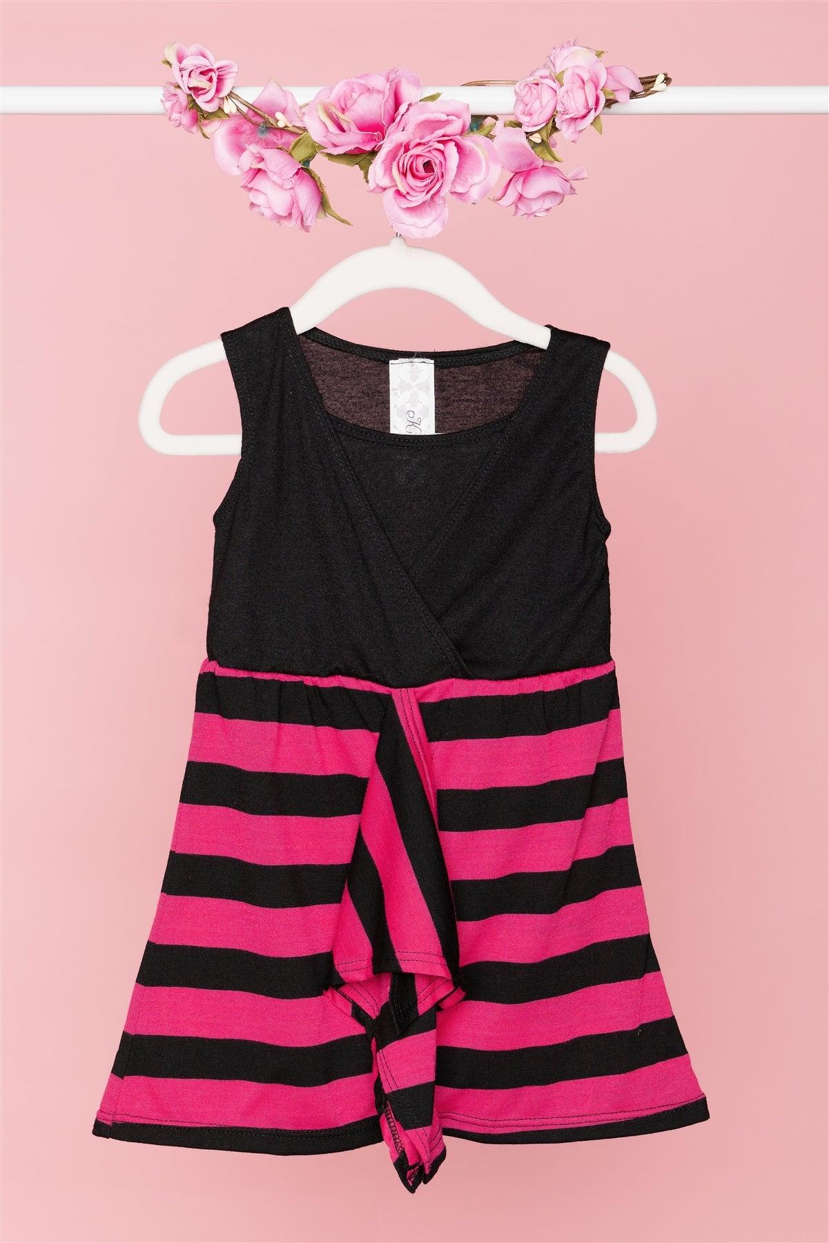 Toddler Girls Pink Black Stripped Sleeveless Front Ruffle Belted Dress /1-1-1-1-1-1