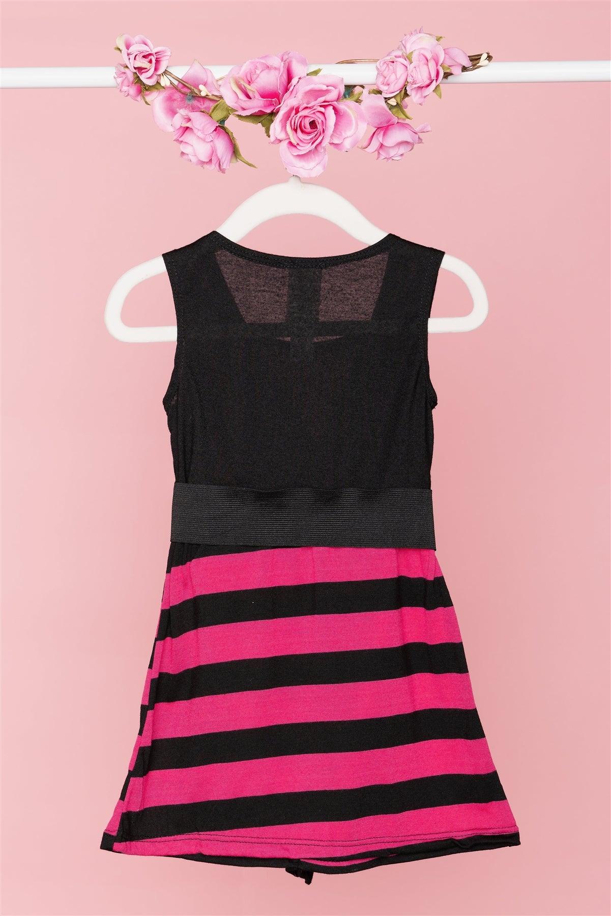 Toddler Girls Pink Black Stripped Sleeveless Front Ruffle Belted Dress /1-1-1-1-1-1
