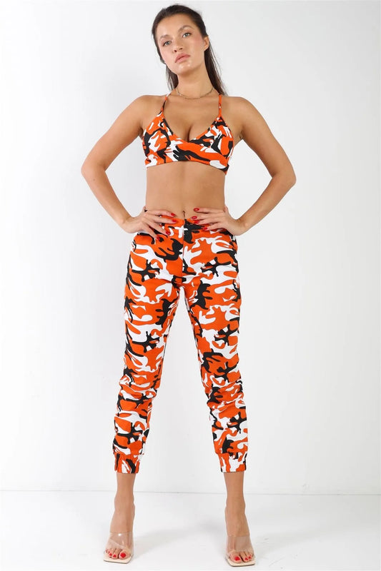 Orange Camouflage High Waisted Parachute Jogger Pant Triangle Halter Crop Top Two Piece Set /2-2-2 - Tasha Apparel Wholesale