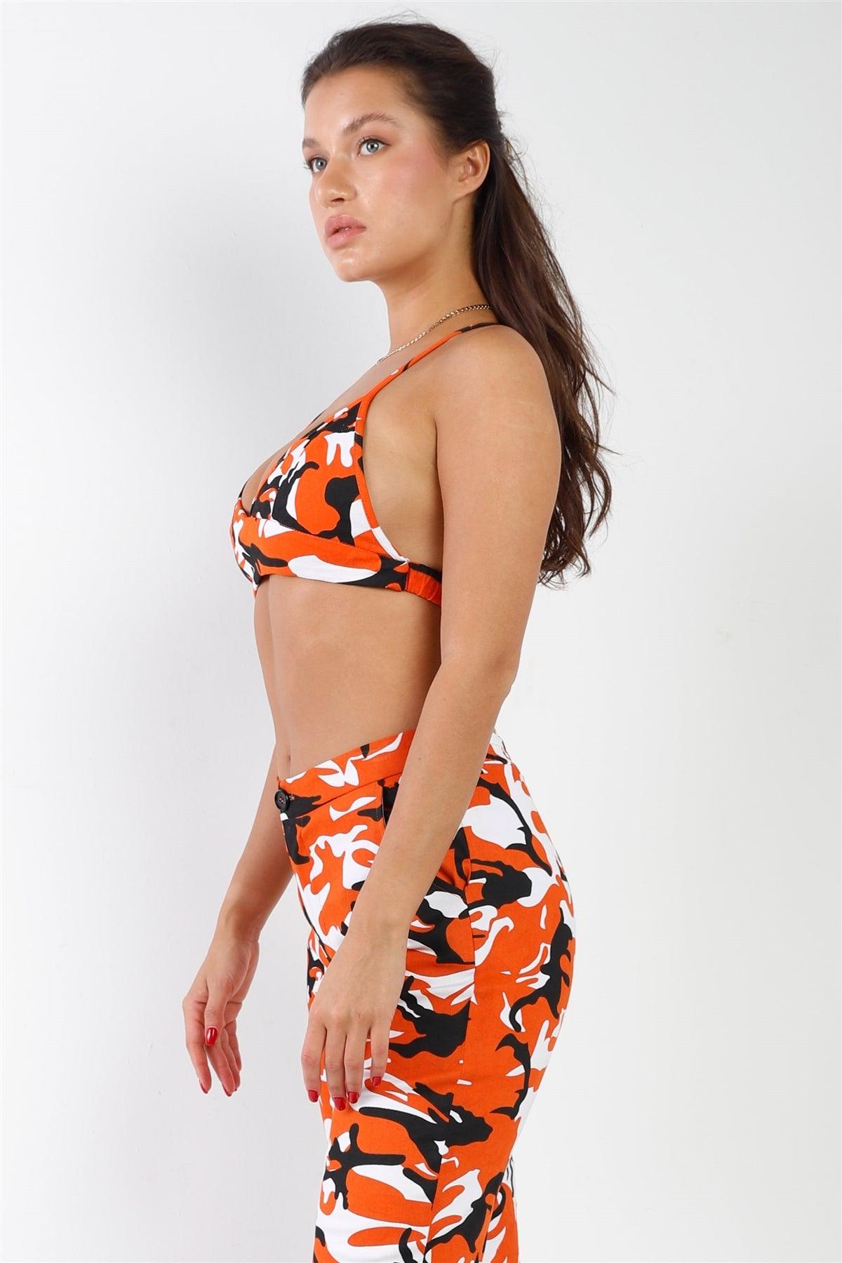 Orange Camouflage High Waisted Parachute Jogger Pant Triangle Halter Crop Top Two Piece Set