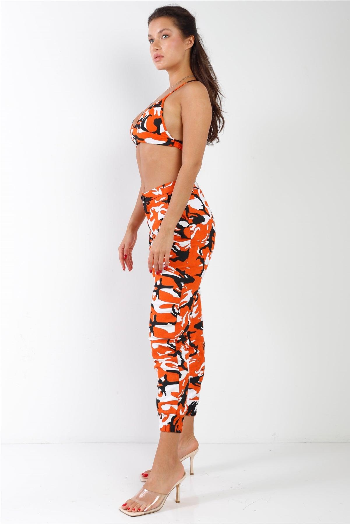 Orange Camouflage High Waisted Parachute Jogger Pant Triangle Halter Crop Top Two Piece Set