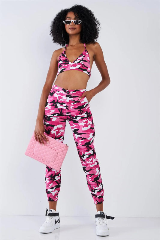 Hot Pink Camouflage High Waisted Parachute Jogger Pant Triangle Halter Crop Top Two Piece Set / 2-2-2 - Tasha Apparel Wholesale