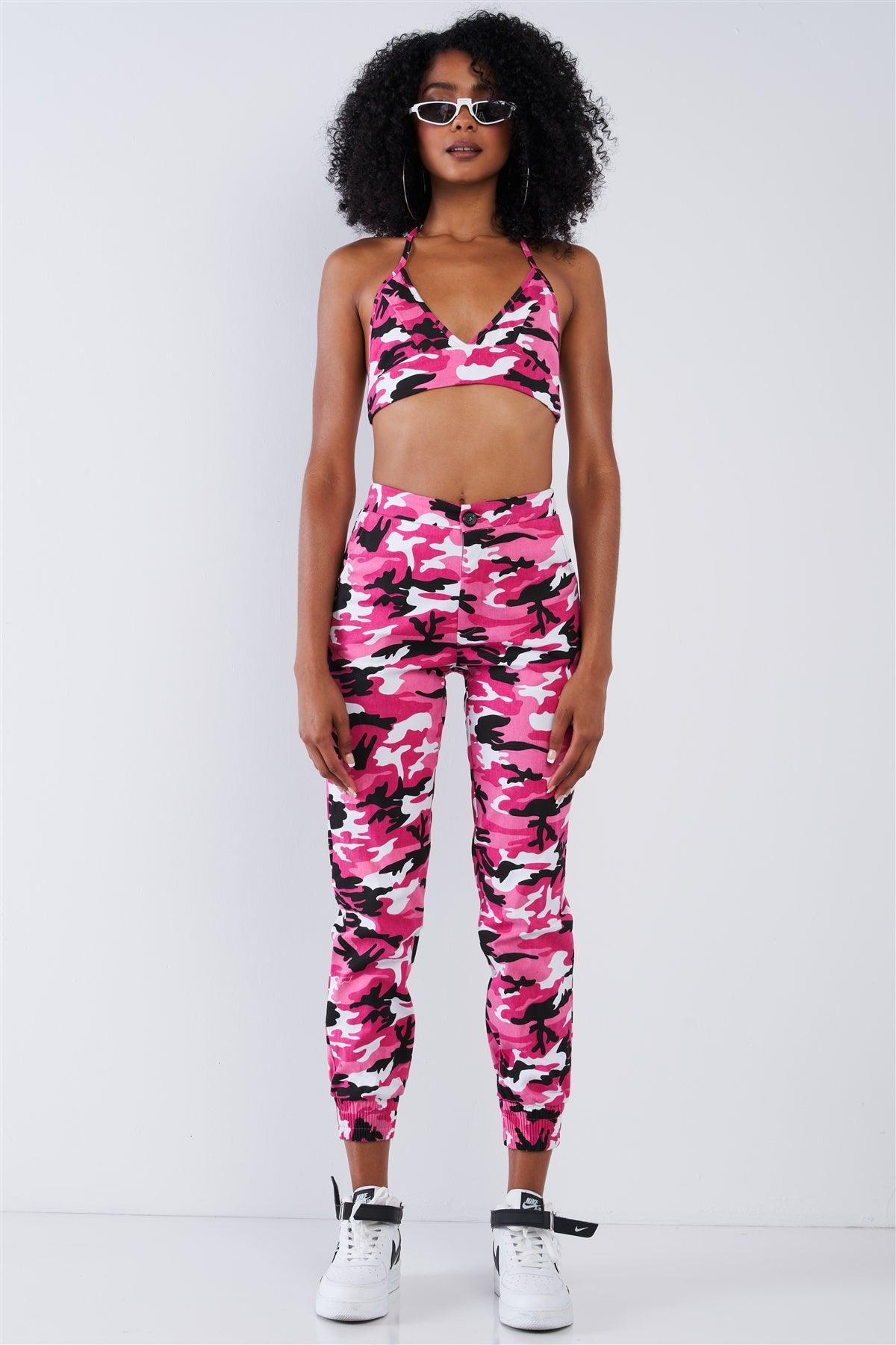 Hot Pink Camouflage High Waisted Parachute Jogger Pant Triangle Halter Crop Top Two Piece Set / 2-2-2