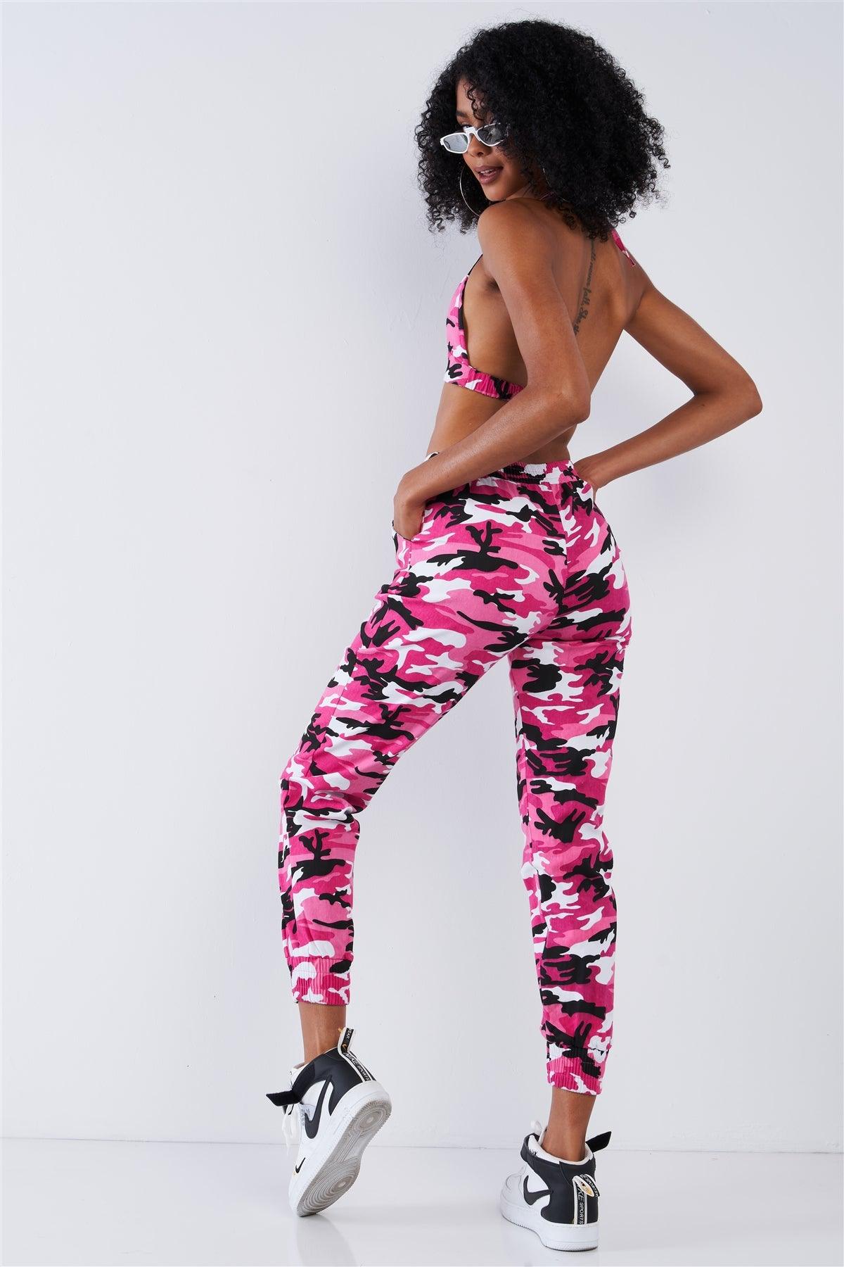 Hot Pink Camouflage High Waisted Parachute Jogger Pant Triangle Halter Crop Top Two Piece Set