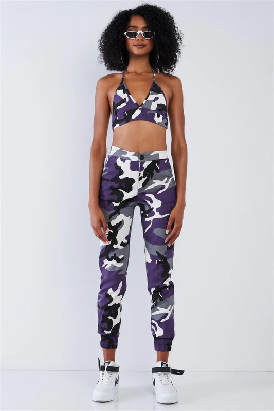 Purple Camouflage High Waisted Parachute Jogger Pant Triangle Halter Crop Top Two Piece Set /2-2-2 - Tasha Apparel Wholesale