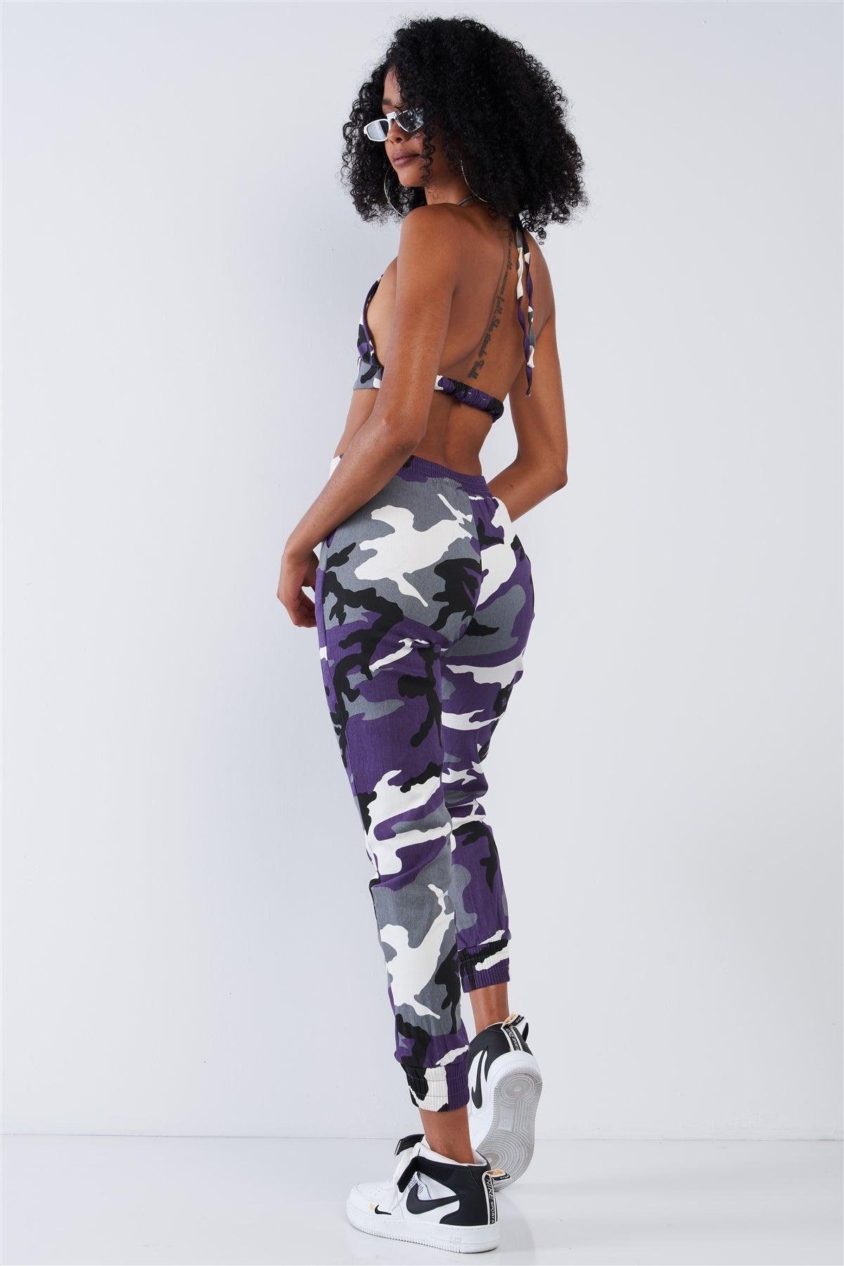 Purple Camouflage High Waisted Parachute Jogger Pant Triangle Halter Crop Top Two Piece Set