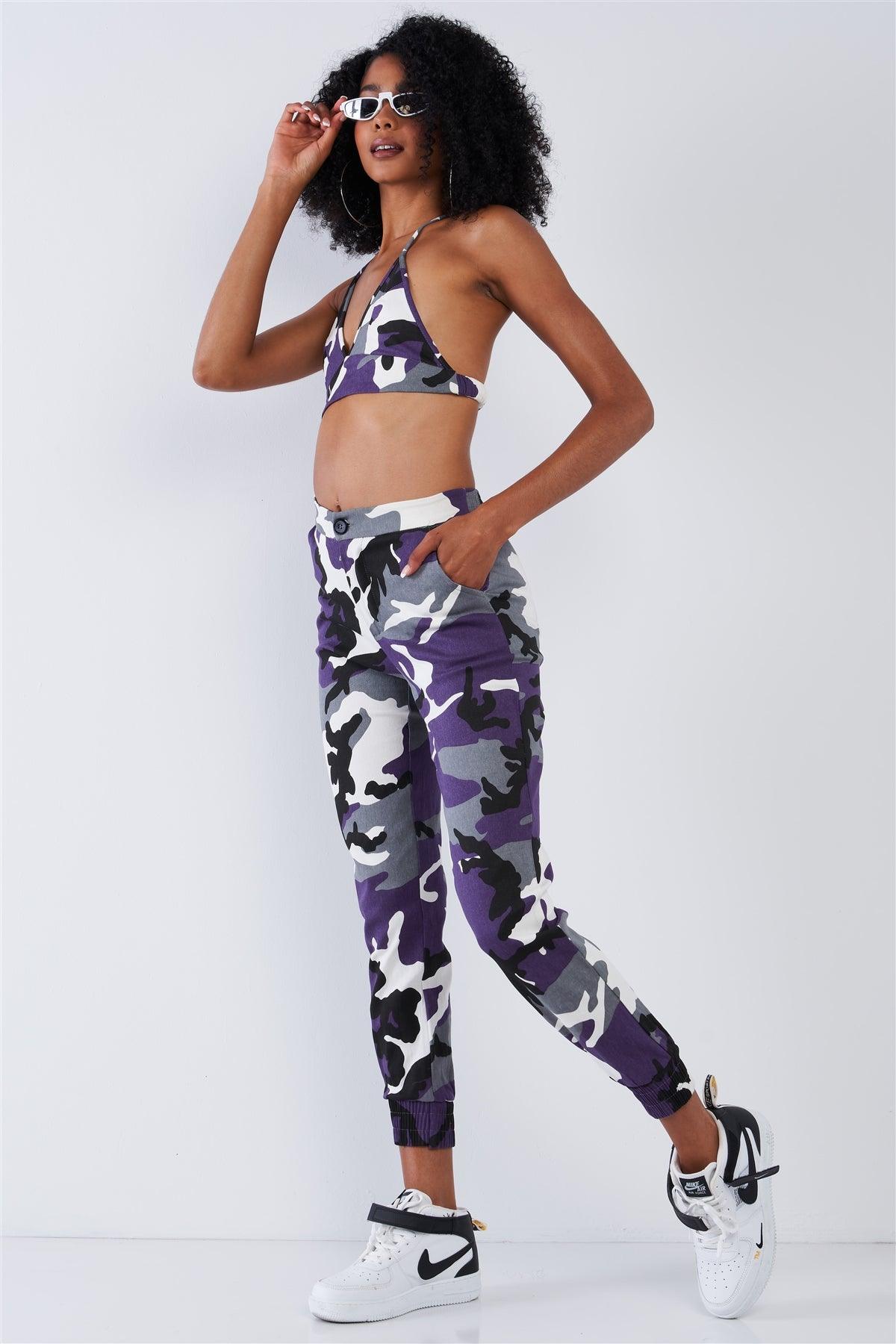 Purple Camouflage High Waisted Parachute Jogger Pant Triangle Halter Crop Top Two Piece Set