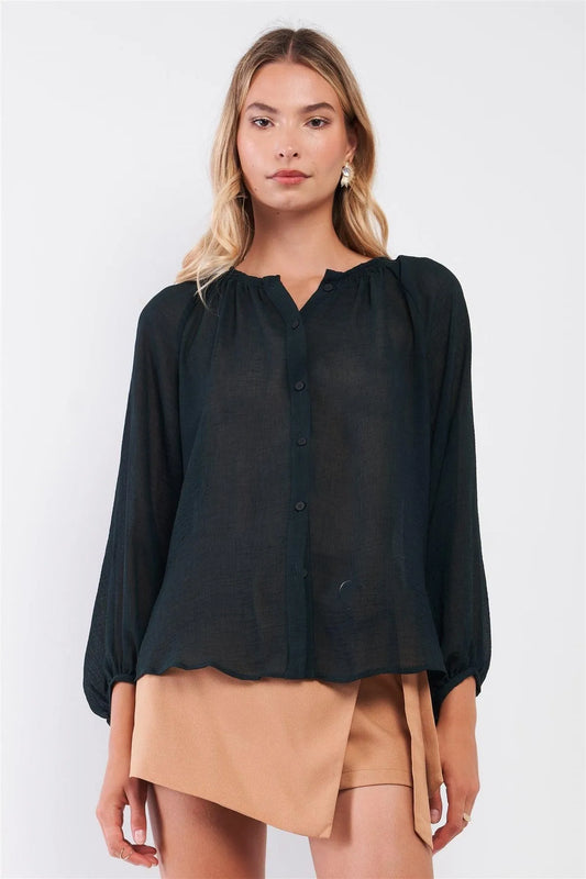 Dark Pine Gauze Fabric Long Balloon Sleeve Button Down Tunic Top /3-2-1 - Tasha Apparel Wholesale