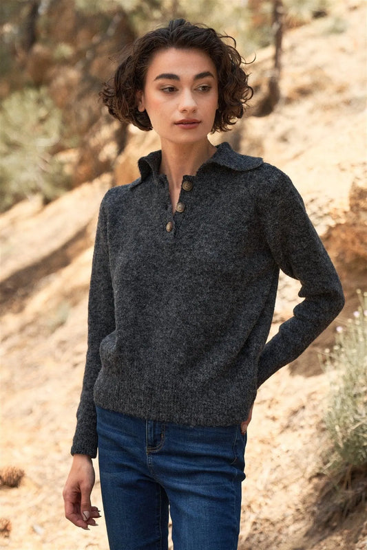 Charcoal Faux Wool Collared Neck Gauge Sweater Top - Tasha Apparel Wholesale