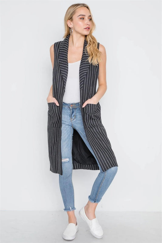 Black Sleeveless Stripe Open Front Vest Jacket /1-1-2-1 - Tasha Apparel Wholesale