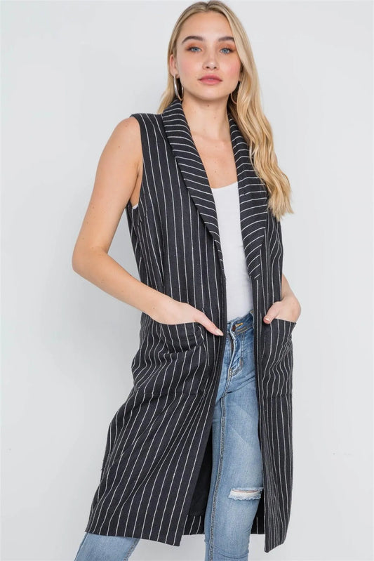 Black Sleeveless Stripe Open Front Vest Jacket /1-2-2-1 - Tasha Apparel Wholesale