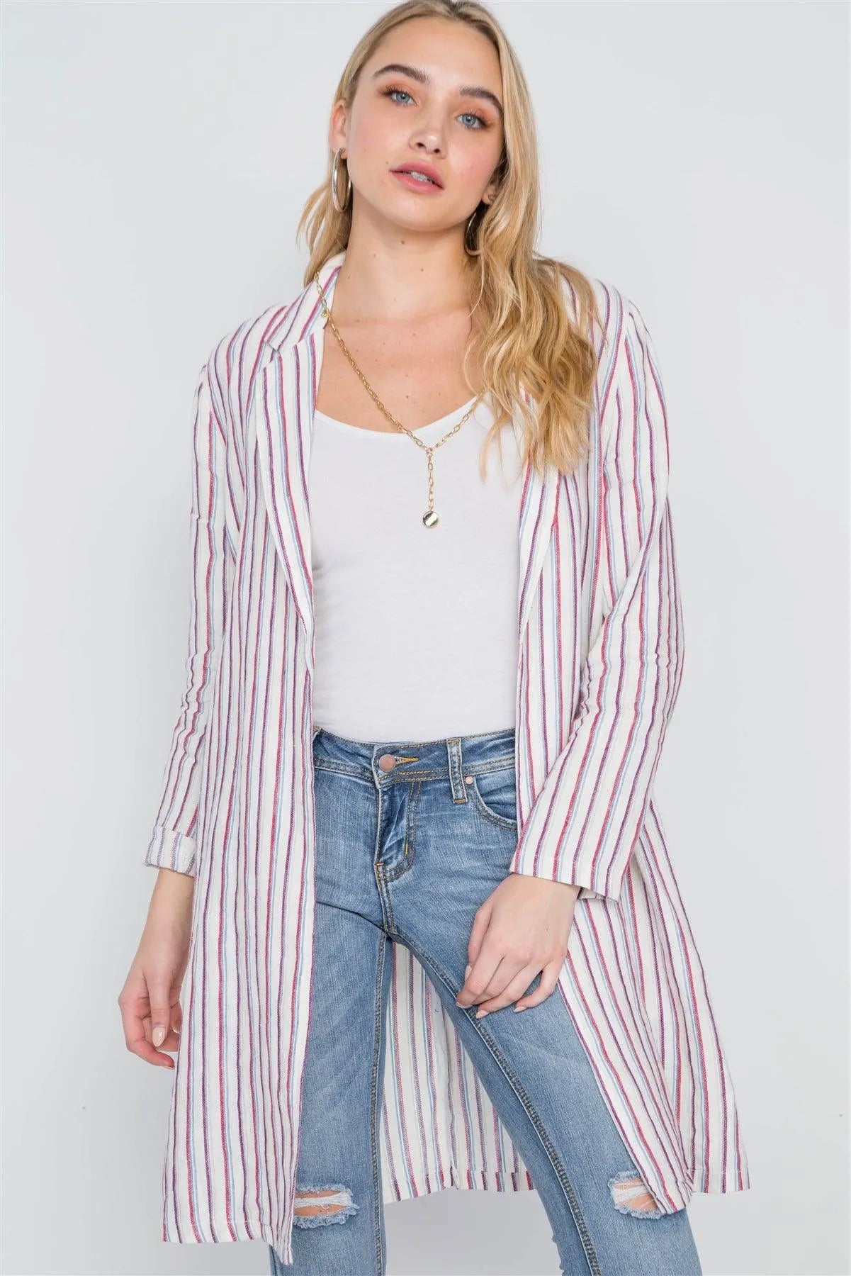 Natural Blue Open Front Stripe Long Sleeve Coat /1-2-2-1 - Tasha Apparel Wholesale