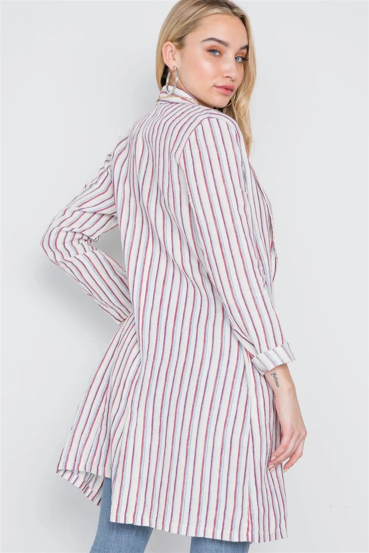 Natural Blue Open Front Stripe Long Sleeve Coat /1-2-2-1 - Tasha Apparel Wholesale