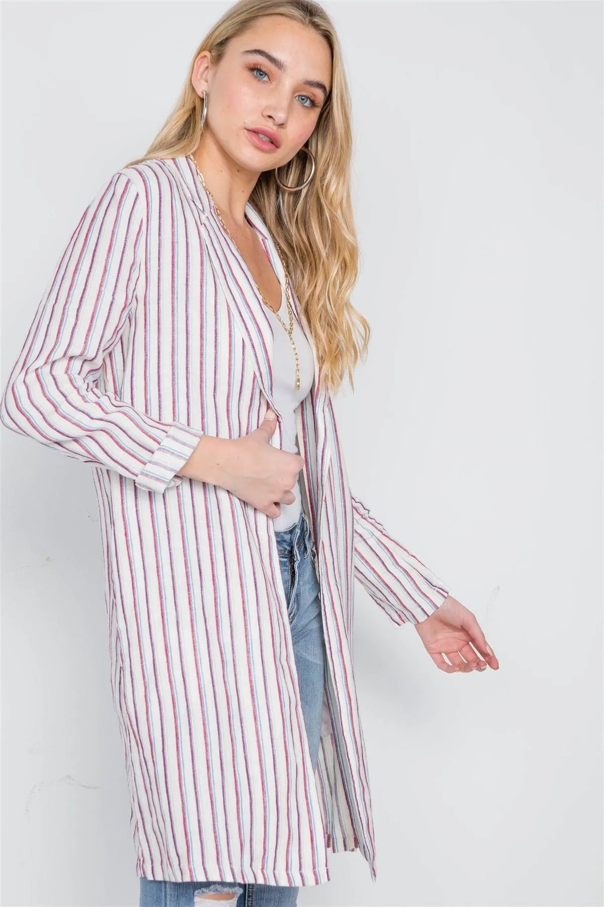 Natural Blue Open Front Stripe Long Sleeve Coat /1-2-2-1 - Tasha Apparel Wholesale