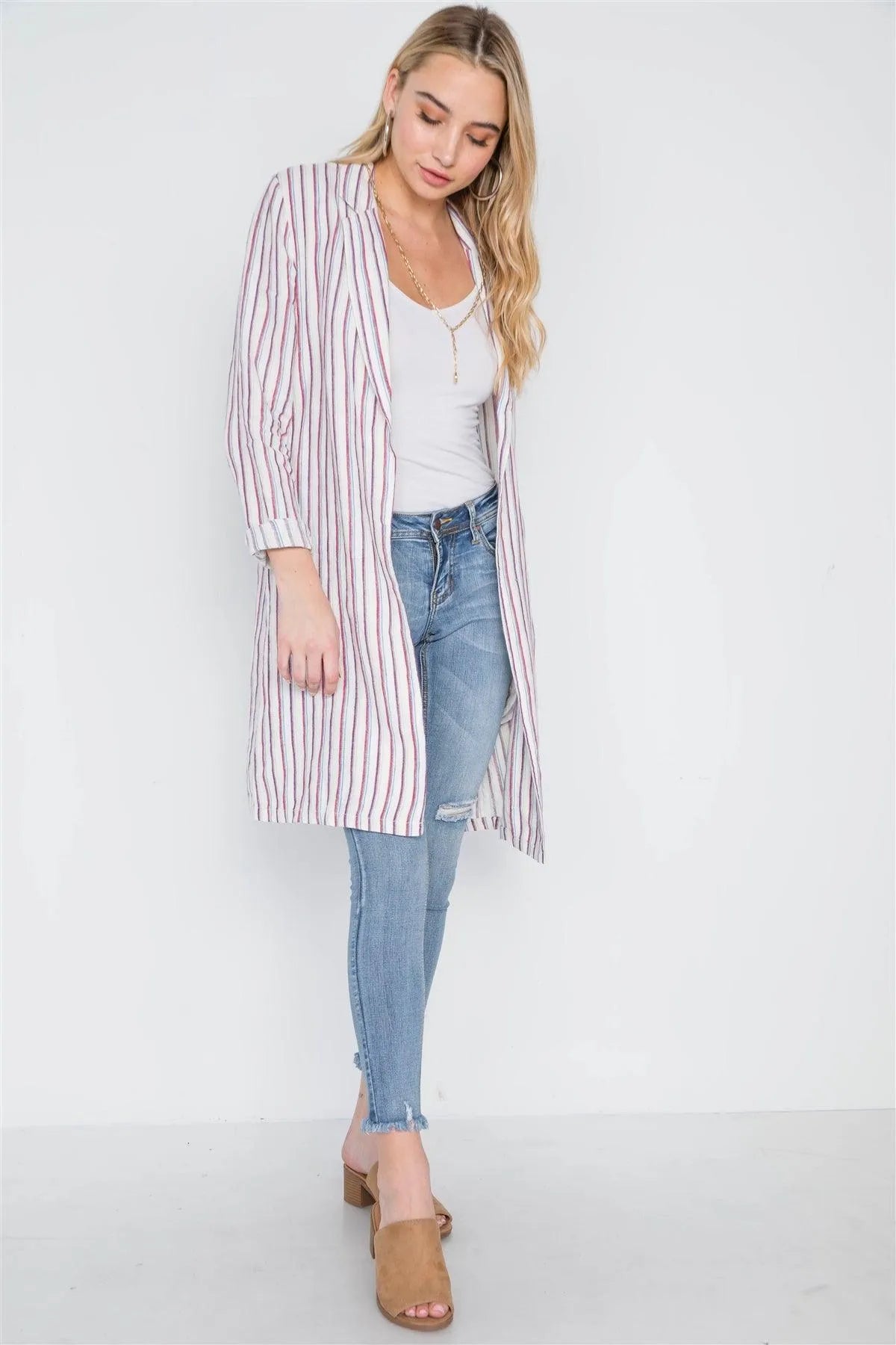 Natural Blue Open Front Stripe Long Sleeve Coat /1-2-2-1 - Tasha Apparel Wholesale