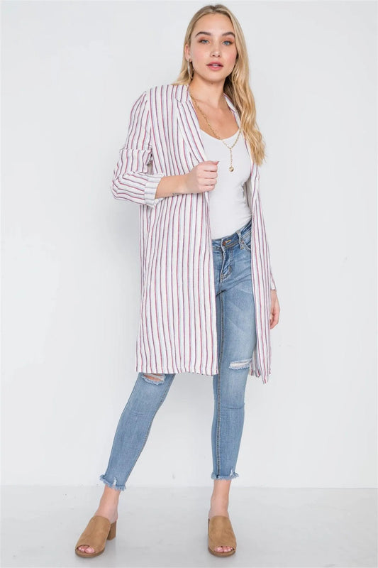 Natural Blue Open Front Stripe Long Sleeve Coat /2-3-2 - Tasha Apparel Wholesale