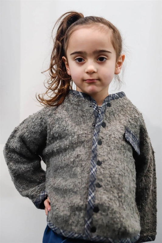 Toddler Girls Grey Wool Blend Button Up Contrast Plaid Trim Sweater /1-1-1-1 - Tasha Apparel Wholesale