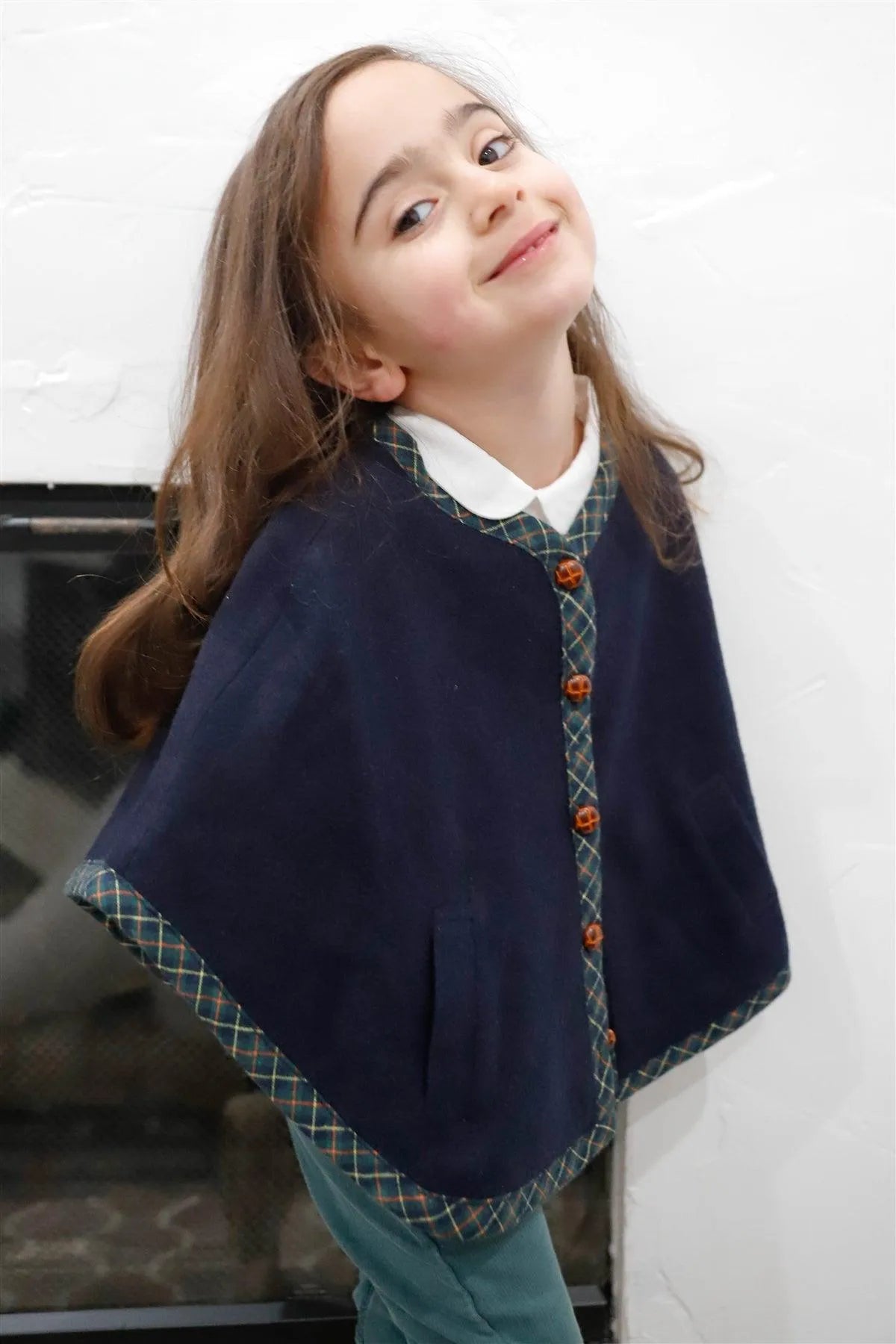 Toddler Girls Navy Flannel Plaid Trim Button Up Cape Coat /2-1-1 - Tasha Apparel Wholesale