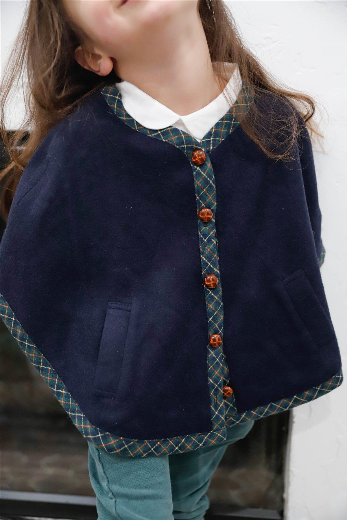 Toddler Girls Navy Flannel Plaid Trim Button Up Cape Coat /2-2-2-2