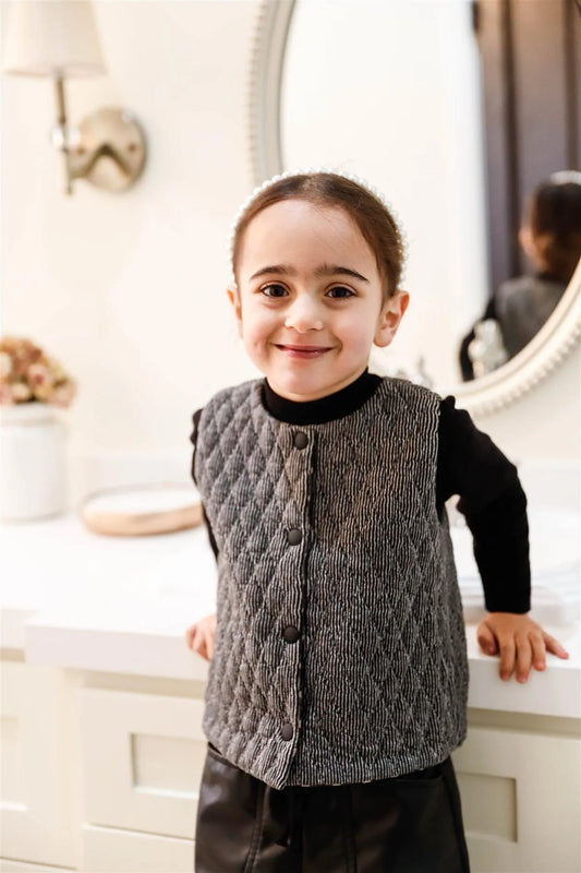 Toddler Girls Black & Off-White Quilted Stripe Reversible Polka Dot Velvet Button Up Vest /1-1-2-2 - Tasha Apparel Wholesale