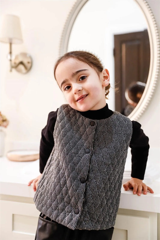 Toddler Girls Black & Off-White Quilted Stripe Reversible Polka Dot Velvet Button Up Vest /3-3 - Tasha Apparel Wholesale
