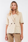 Ecru Linen Short Half-Sleeve Single-Breasted Blazer Jacket /1-2-2-1