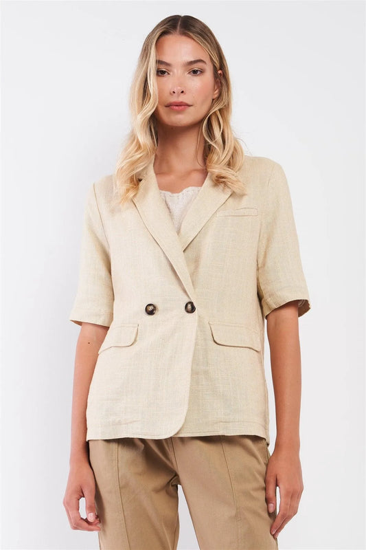 Ecru Linen Short Half-Sleeve Single-Breasted Blazer Jacket - Tasha Apparel Wholesale