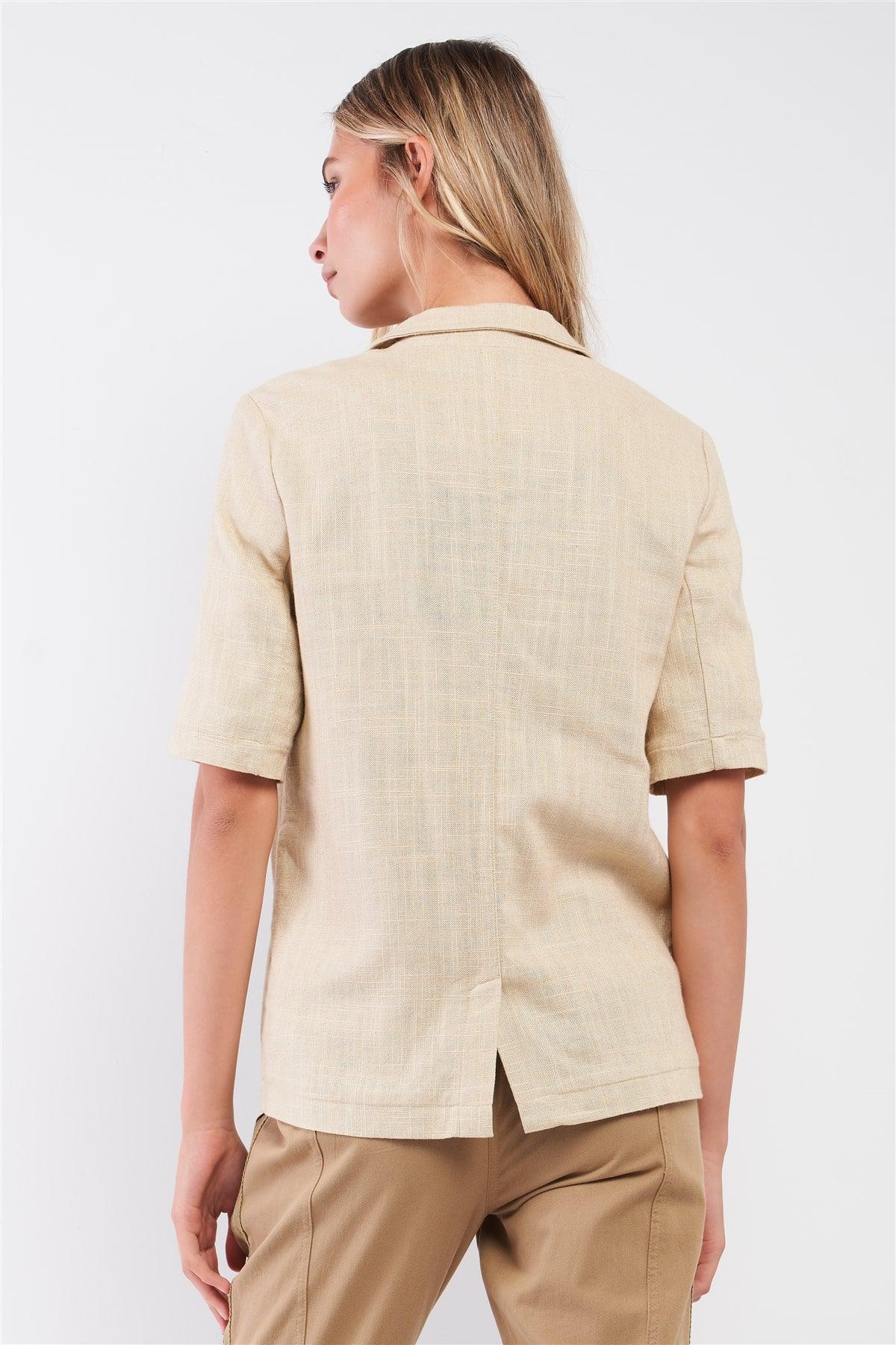 Ecru Linen Short Half-Sleeve Single-Breasted Blazer Jacket