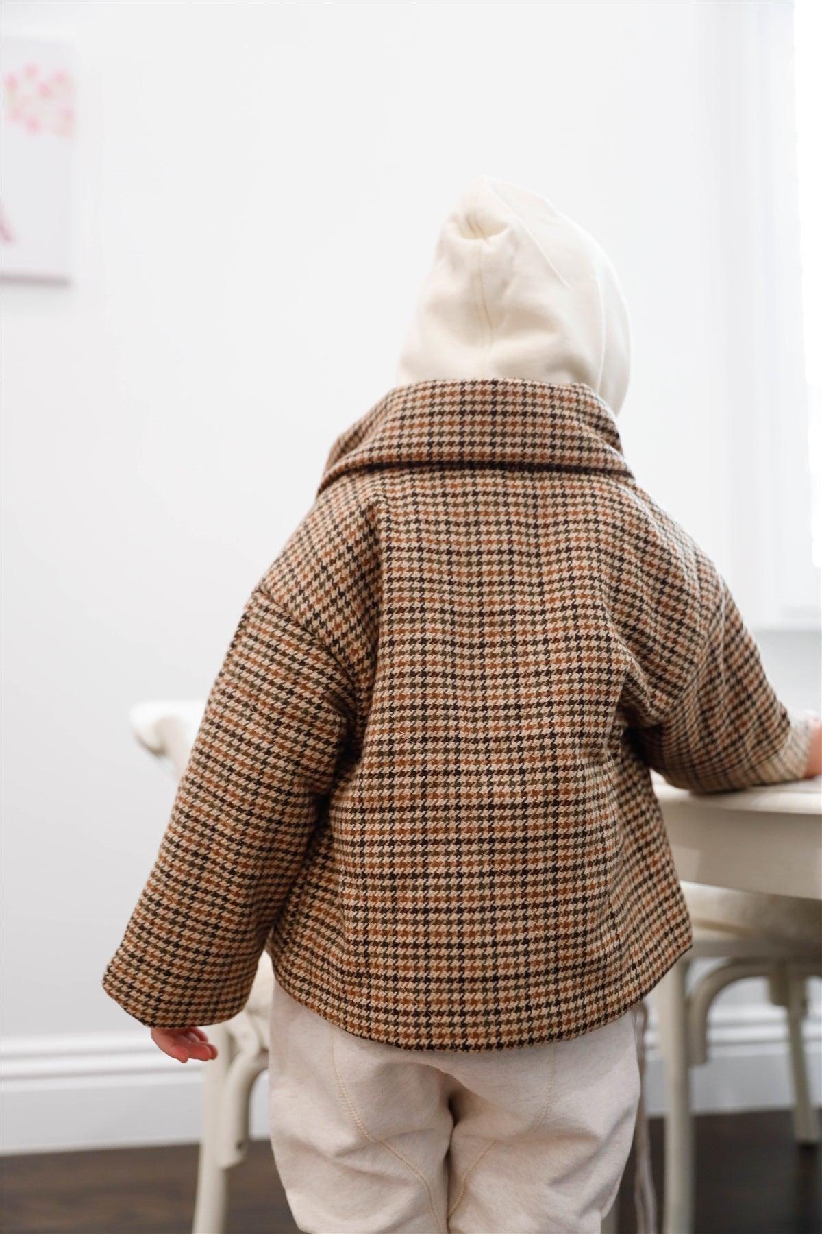 Toddler Girls Brown Houndstooth Print Collared Button Up Jacket /1-1-2
