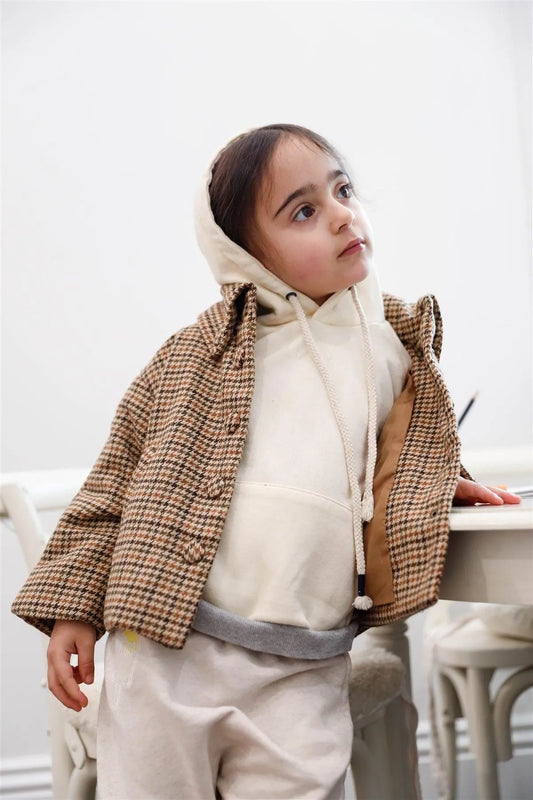 Toddler Girls Brown Houndstooth Print Collared Button Up Jacket /1-2-2-1 - Tasha Apparel Wholesale
