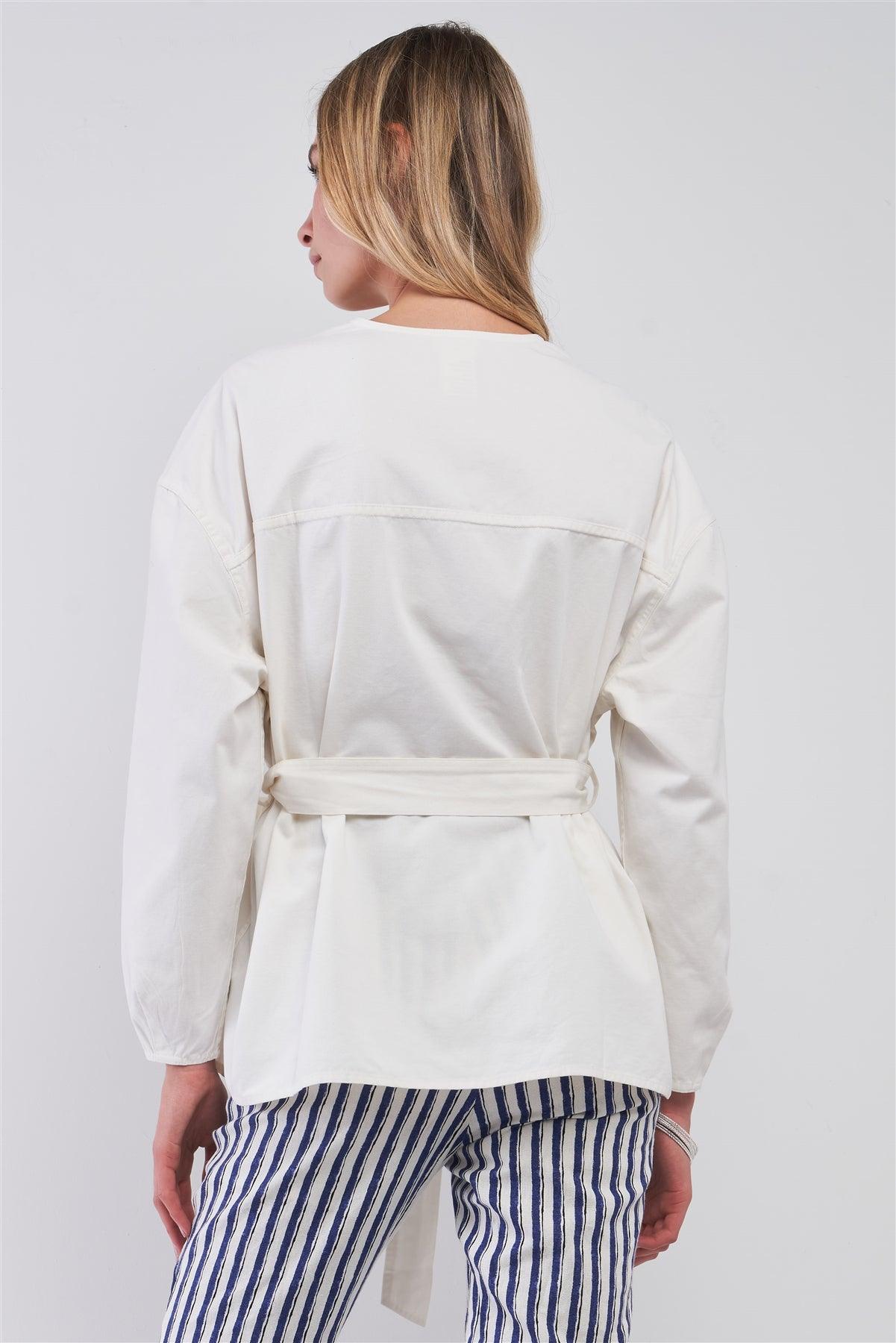 Off-White Balloon Sleeve Button-Down Front Self-Tie Belted Oversized Summer Jacket /1-2-2-1