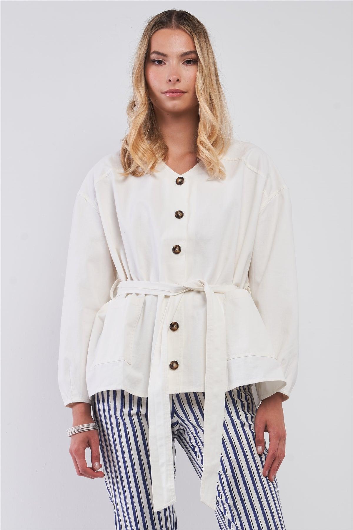Off-White Balloon Sleeve Button-Down Front Self-Tie Belted Oversized Summer Jacket